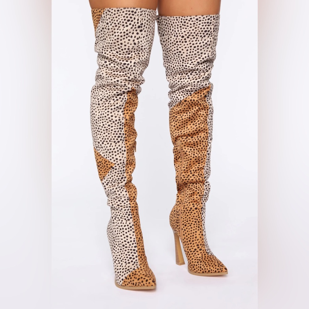 Fashion Nova Black and Tan Over-the-Knee Boots